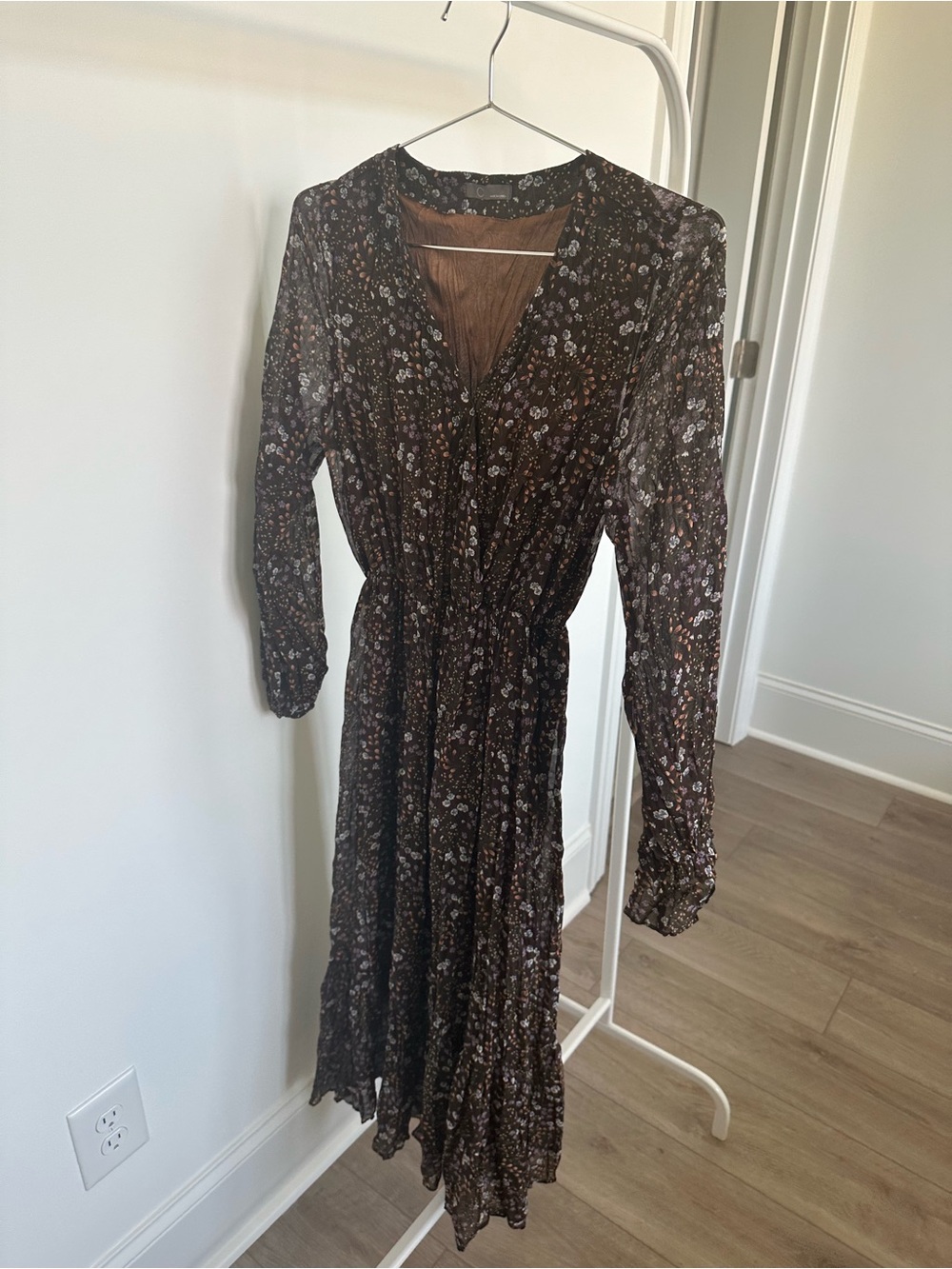 Floral Long Sleeve Brown Midi Dress